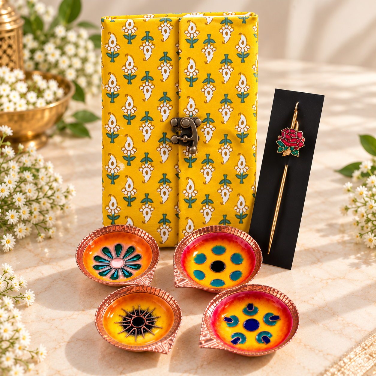 The Story of Light - Handcrafted Copper Enamel Diyas & Keepsake Gift Set